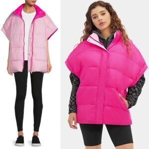 UGG Reversible Pink Puffer Vest Full Zip Button Up Sleeveless Women Sz Large NWT